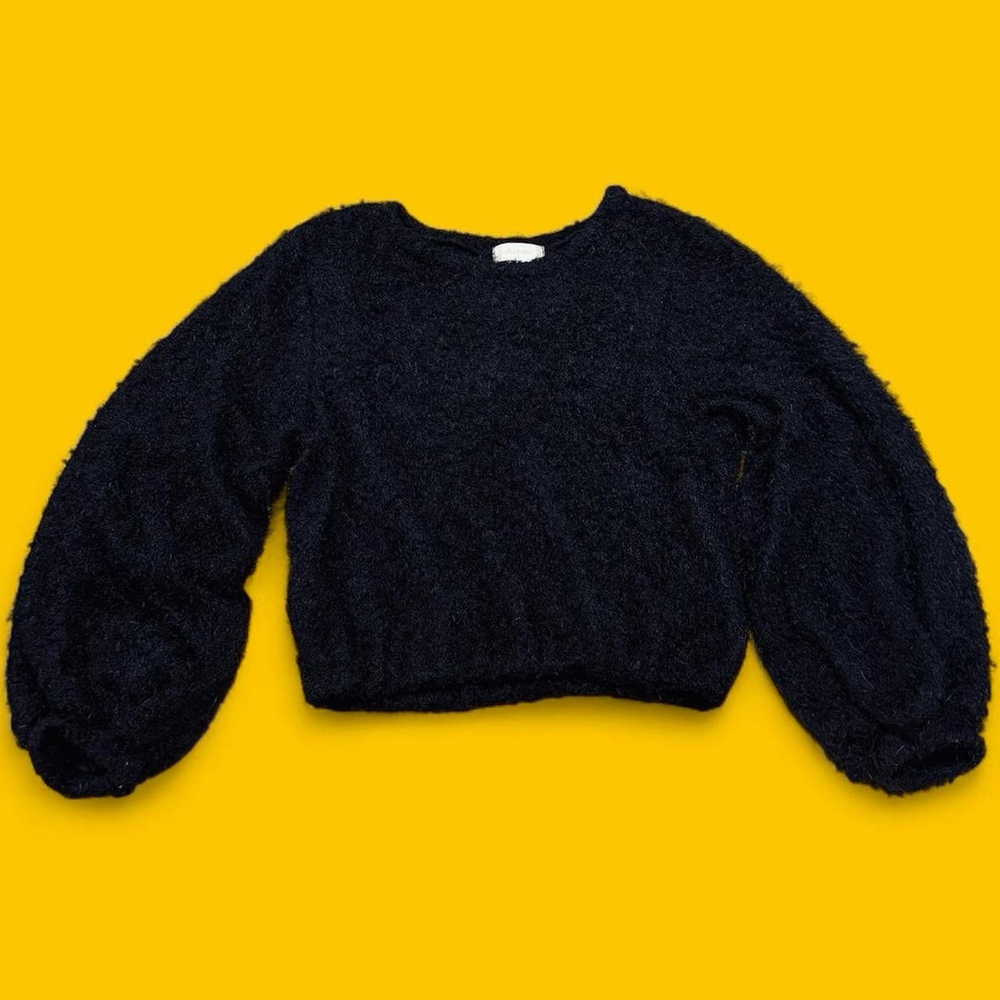 Whimsigoth Altar’d State Fuzzy Cropped Sweater Black Balloon Sleeve Cozy Knit M